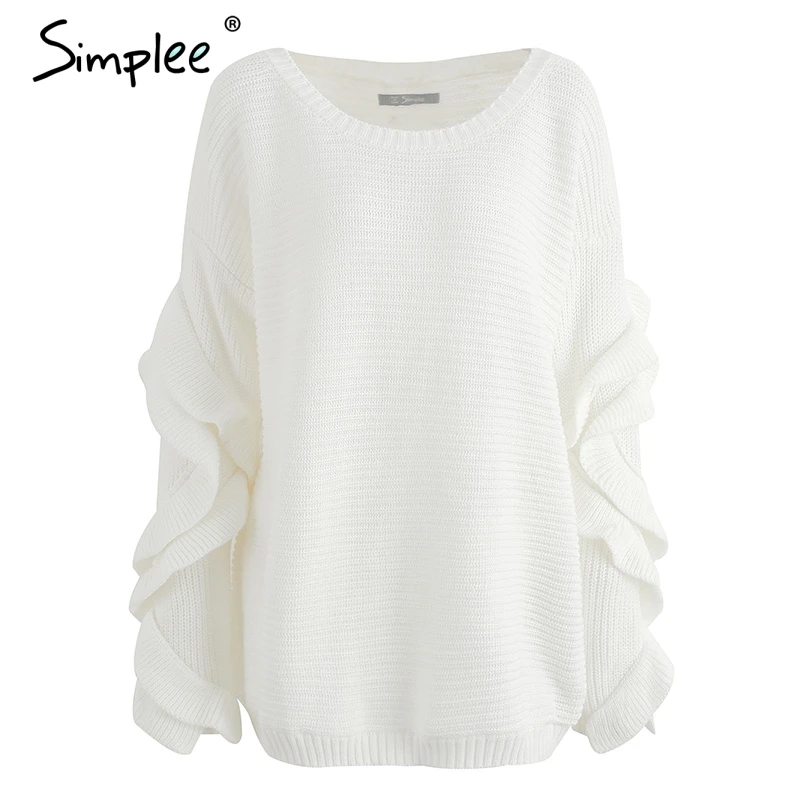 Simplee Ruffle knitted sweater women pullover female Casual loose round neck winter Autumn pull femme knit jumper | Женская одежда