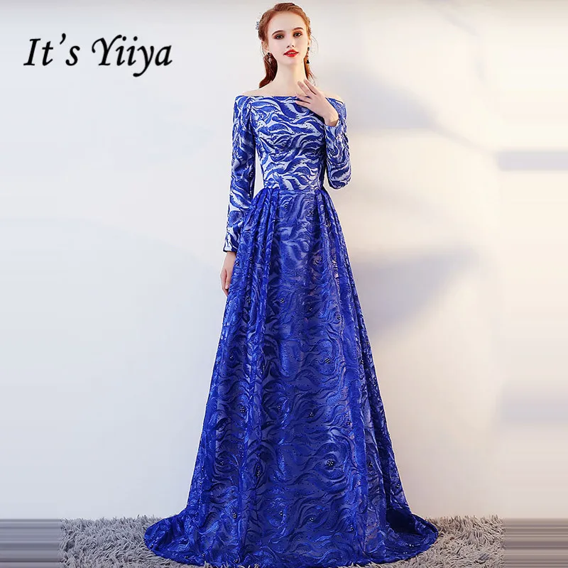Royal Blue Вечернее платье с круглым вырезом It's YiiYa, Вечерние платья королевского синего цвета, с вышивкой Маленькие шлейфы, Платья с лодочкой, LX1371,Лето - Цвет: Royal Blue