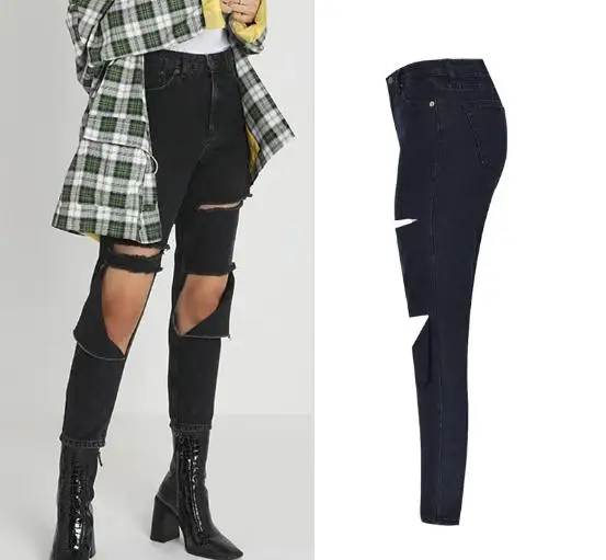 Женские джинсы с высокой талией свободные прямые облегающие дырками в стиле хип