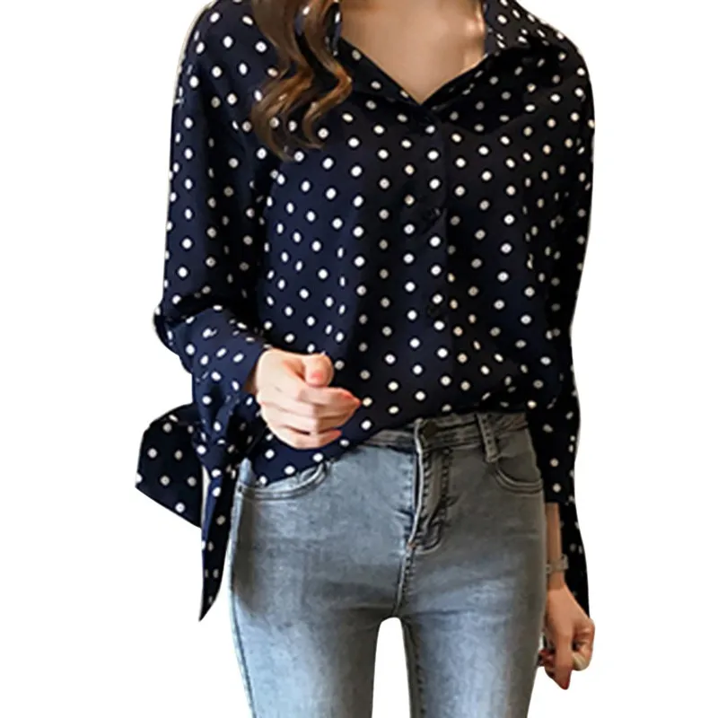 Блузка женская в горошек пикантная офисная рубашка с длинным рукавом свободная