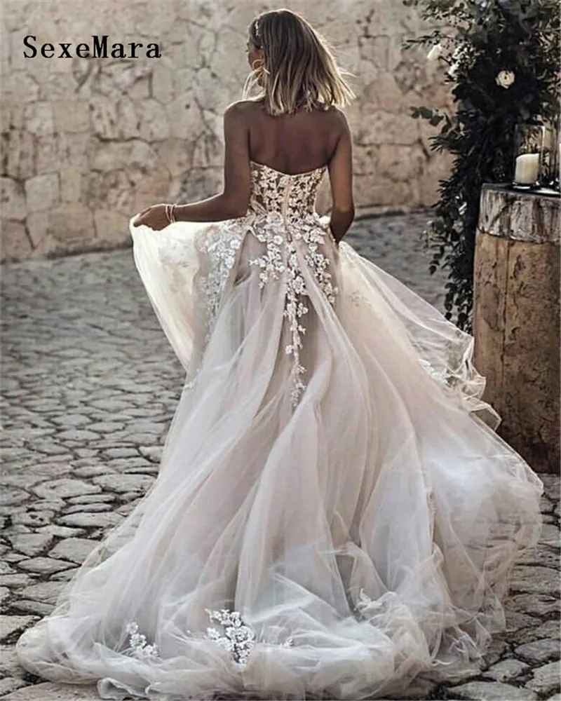 Пляжное свадебное платье с кружевной вышивкой милое видеть через корсет Тюлевое