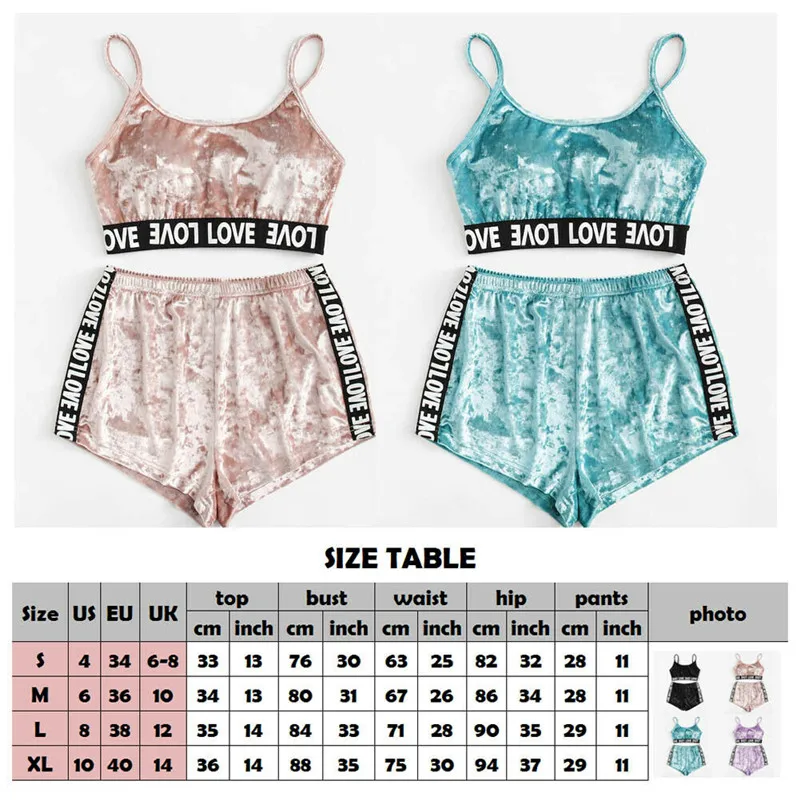 Womens 2 Piece Set Reflective Sexy Sleepwear 2019 Summer Ladies Casual Clothes Retro Sequin Letter Nightwear Cami Tops&ampShorts |