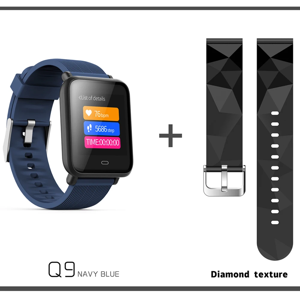 Q9 Blood Pressure Heart Rate Monitor Smart Watch IP67 Waterproof Sport Fitness Trakcer Watch Men Women Smartwatch - Color: Blue add strap