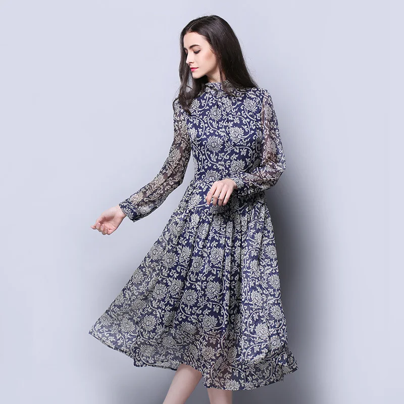 Женское шифоновое платье из 100% шелка модные весенние платья с принтом новые