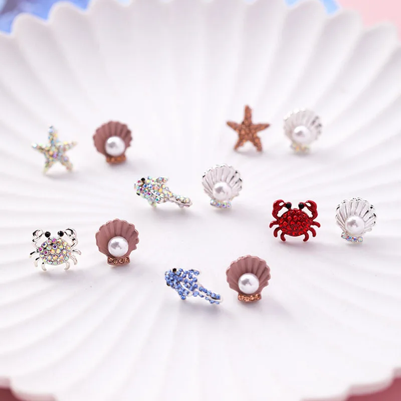 Cute Korean Rhinestone Ocean Starfish Dolphin Crab Stud Earrings for Women Creative Shell Pearl Fashion Jewelry MJ1433 | Украшения и