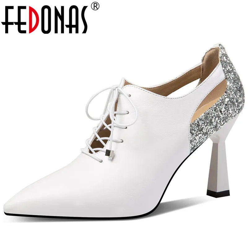 FEDONAS/модные пикантные женские туфли-лодочки из натуральной кожи на шнуровке в