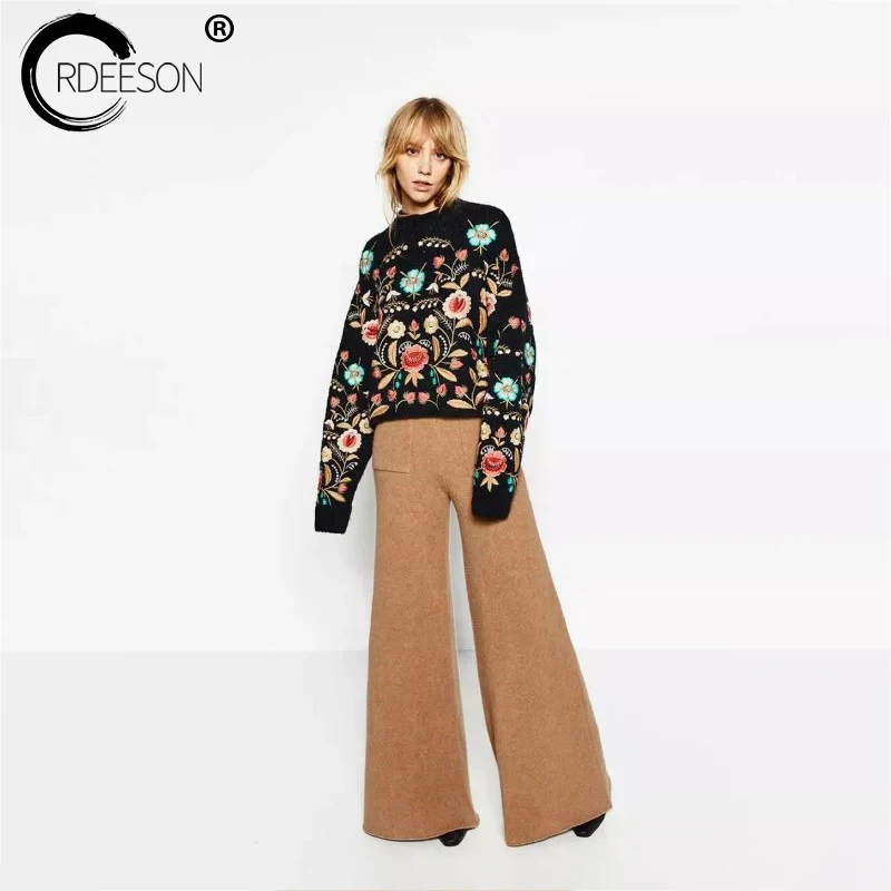 Женский кашемировый свитер ORDEESON теплый черный с цветочной вышивкой | Женская