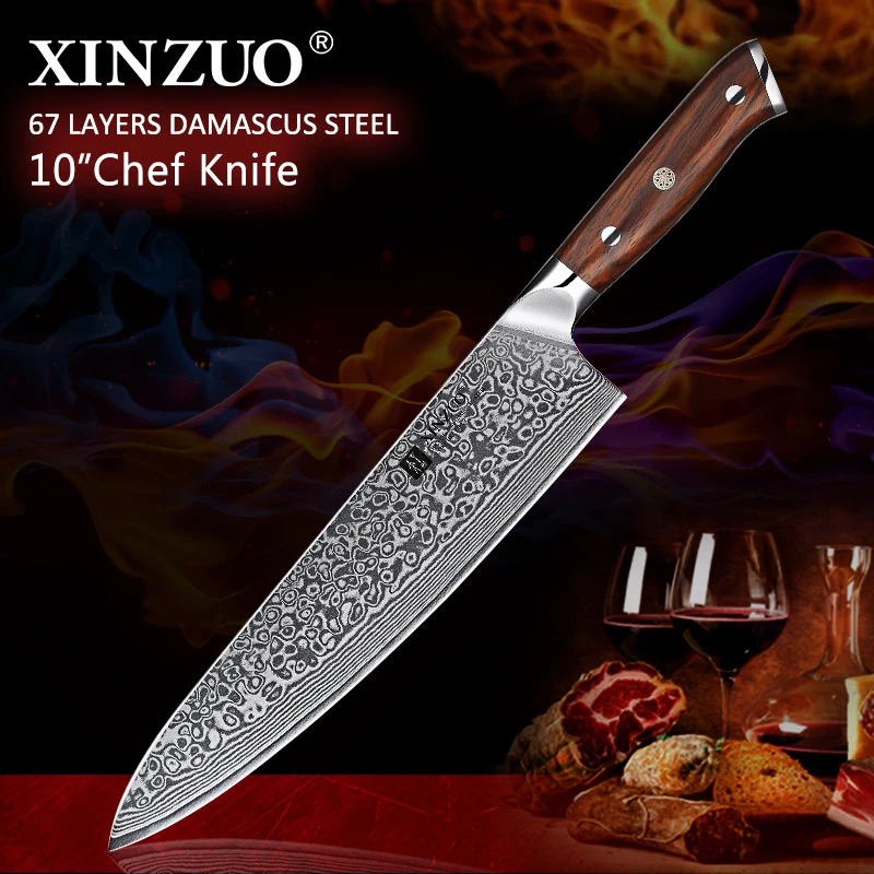 XINZUO 10 дюймов ножи шеф-повара Дамасская сталь профессиональный нож Gyotou кухонные аксессуары для поваров с ручкой из палисандра кухонные инструменты