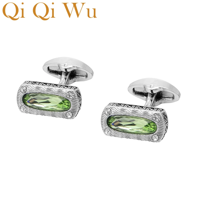 

QiQiWu Retro Green Crystal Men Cufflinks Wedding Luxury Square Mens Shirt Cuff Buttons Silver Plated Cuff links Christmas Gifts