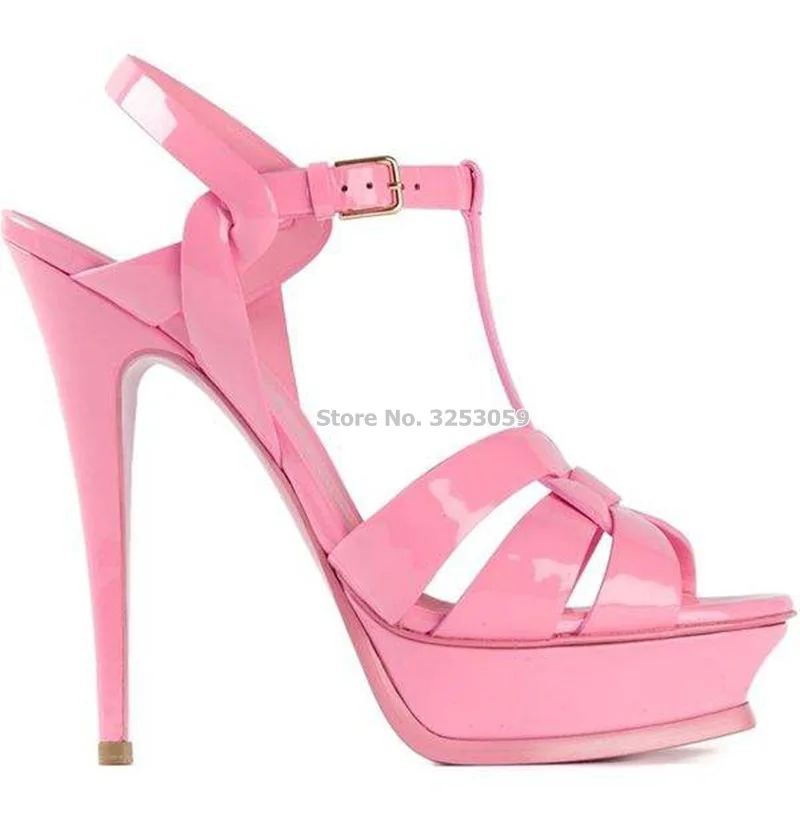 baby pink 14cm heel ALMUDENA Босоножки на платформе из лакированной кожи ярких цветов; босоножки на тонком высоком каблуке с ремешком и пряжкой; выразительная элегантная обувь для вечеринок; Прямая поставка - Цвет: baby pink 14cm heel