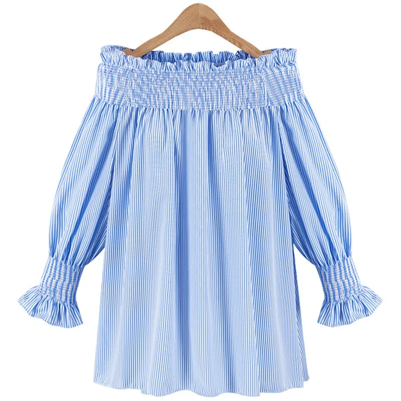 Женская блузка с воротником лодочкой в полоску расклешенным рукавом|party top|women shirts