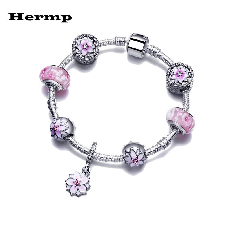 Hermp Dropshipping 2019 New Pink Flower Pandent &amp Lovely Bear Pa Bracelet Brand Female Jewelry Pulseras | Украшения и