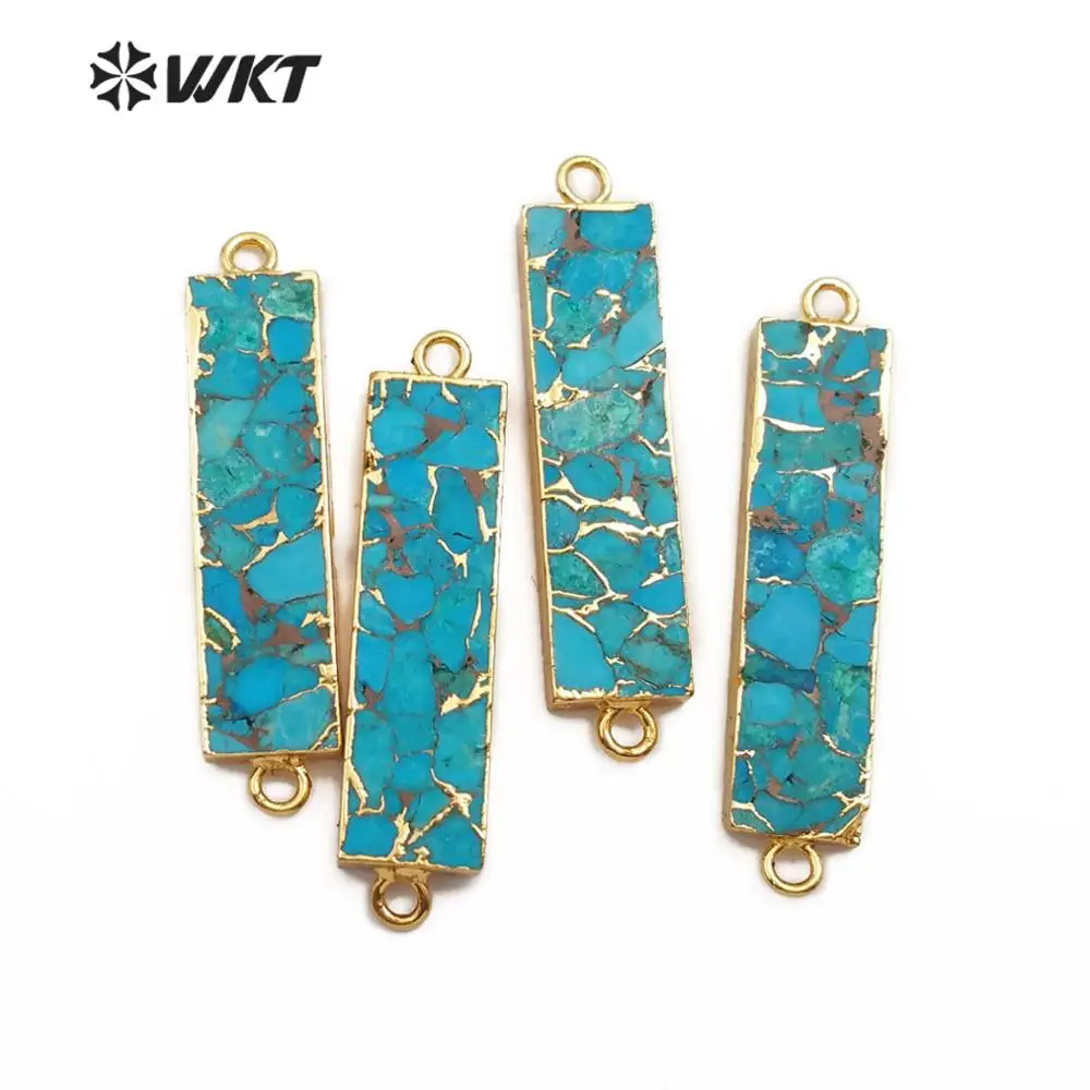 WT-C283 WKT Золотой Гальванизированный прямоугольник синяя венка Turquoises Двойной Прямоугольный коннектор кулон для изготовления ювелирных изделий