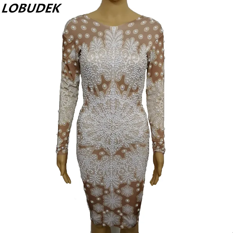 

3D Snowflake Pattern Pearl Skinny Dress Women Spring Long Sleeve Beads Tight Fitting Dress Singer Host Performance Stage Costume