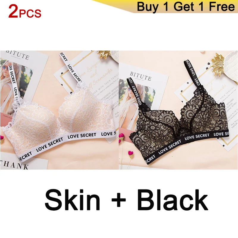 SKIN BLACK DERUILADY, 2 шт., кружевные цветочные надписи, бретели, бюстгальтер для женщин, плюс размер, сексуальное женское белье, комфортный Регулируемый беспроводной бюстгальтер, пуш-ап, женский бюстгальтер - Цвет: SKIN BLACK