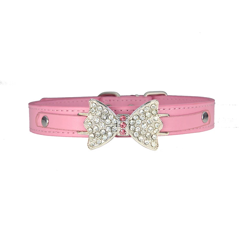 Pink XXS-L ошейник для маленьких собак кожаный ошейник для кошек свинцовые Стразы ошейник для щенков чихуахуа плюшевый ошейник для собак/кошек - Цвет: Pink
