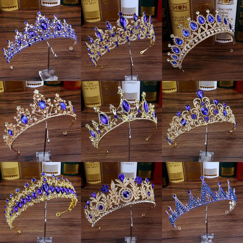 

Rhinestone Wedding Headband Bridal Hair Jewelry Royal Blue Crystal Women Diadem Large Quinceanera Tiaras And Crowns For Brides