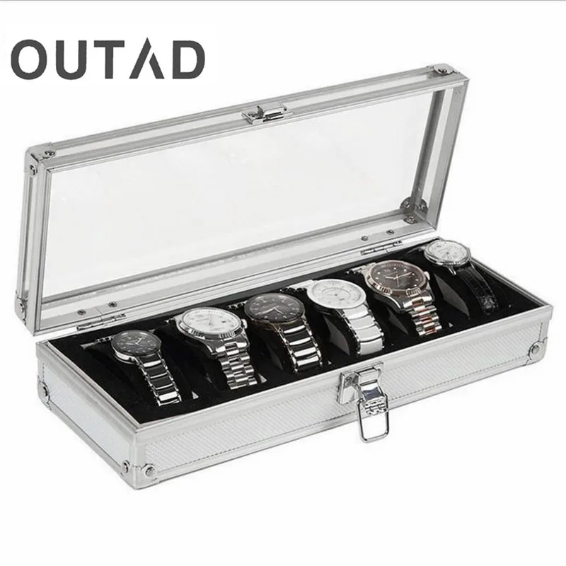 Caja Para Reloj 6 сетчатые вставки Слоты ювелирный корпус часов Дисплей Коробка для хранения алюминиевый ящик для часов Saat Kutusu
