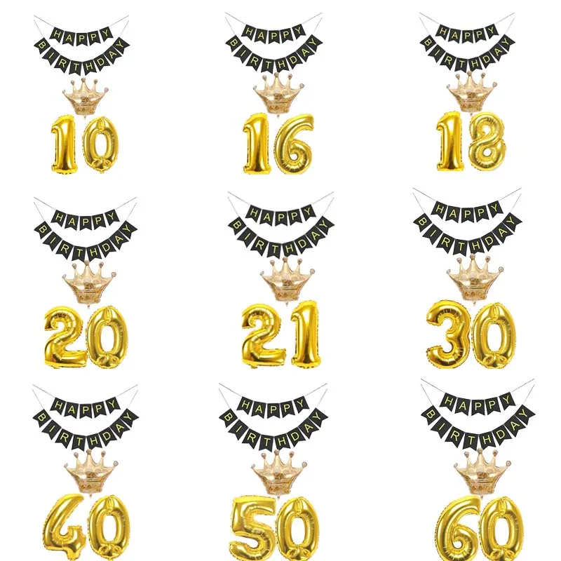 

Gold Number crown Balloons black happy banner for 10 16 18 20 21 30 40 50 60 70 80 Years old kid Adult Birthday Decoration favor