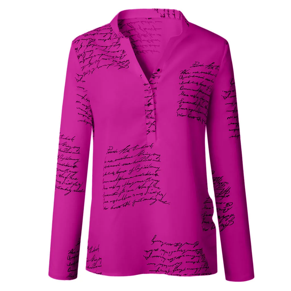 Women Blouse V Neck Letters Printing Button Long Sleeve Shirt Casual Womens Tops And Blouses Summer Tunic Tops Blusas