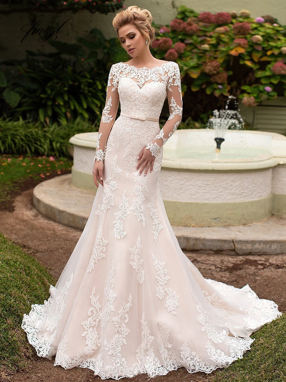 

Fmogl пикантные Свадебные платья с открытой спиной с длинным рукавом Русалка 2019 элегантная аппликация со шлейфом винтажная юбка-годе свадебн...