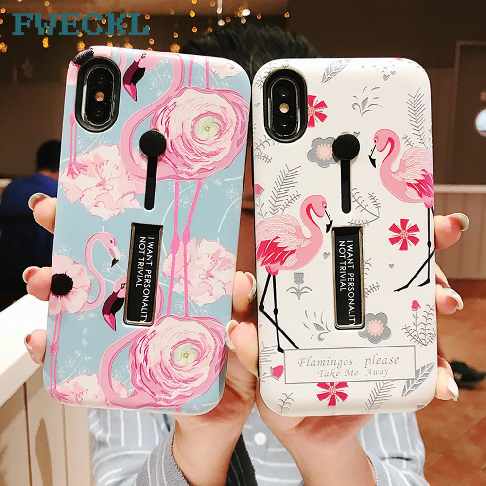 Hide Ring Stand Holder Silicon Cover For iPhone X XS MAX XR Beautiful Pink Flamingo Relief Phone Case 6 6S 7 8 Plus |