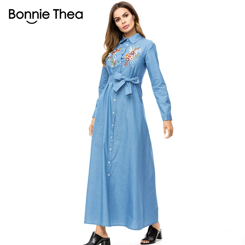 Бонни Thea 2018 женские Осень Denim Вышивка длинное платье женский Кнопка полный рукав