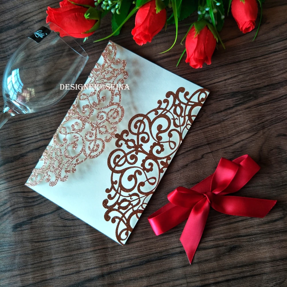 2019 новые золотые блестящие Пригласительные открытки с красной лентой для
