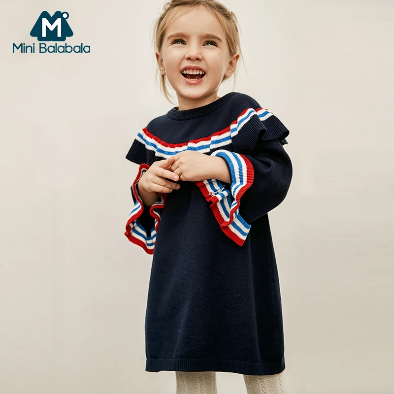 MinibalabalaGirls/Хлопковое платье; Новинка г.; весенняя одежда для маленьких детей в школьном стиле; вязаные хлопковые платья с длинными рукавами