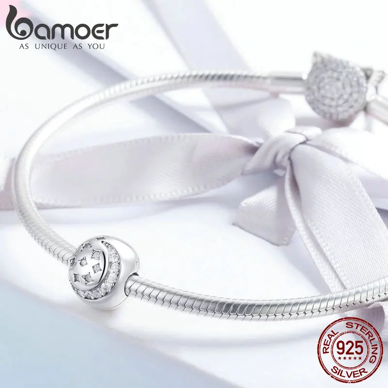 BAMOER 925 пробы Серебряный Мерцающая ночь клип, маленькие звезды прозрачный CZ талисманы подходит браслет DIY Аксессуары SCC813