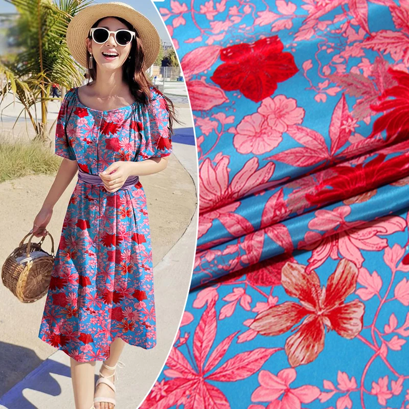 Ткань из натурального шелка крепдешина атласная ткань с принтом синие красные