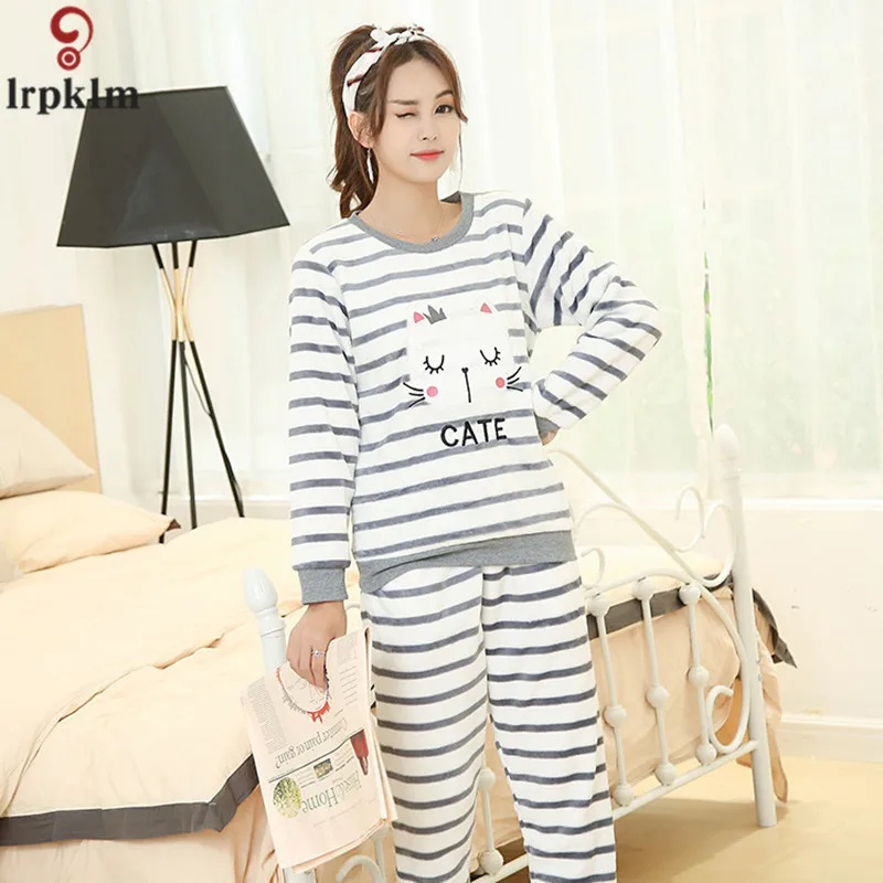 Женская Осенняя Весенняя пижама с длинным рукавом Ночная одежда в полоску