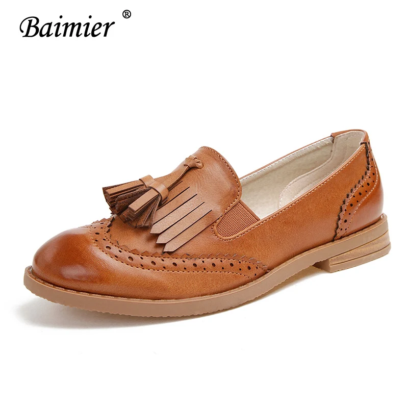 Baimier/; винтажные женские туфли-оксфорды с кисточками; повседневные Мягкие женские лоферы с круглым носком; женская обувь на плоской подошве без застежки в британском стиле - Цвет: Yellow Oxfords