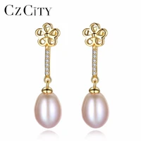 czcity brand pure natural pearl flower earrings 8 9mm freshwater pearls 925 sterling silver dangle vintage earring fine jewelry
