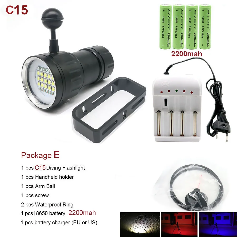 C15 with 2200mah Светодиодный светильник-вспышка для дайвинга, подводный 80 м, водонепроницаемый светодиодный фонарь XHP70/XHP90, тактический светильник для фото и видео, 18650 - Испускаемый цвет: C15 with 2200mah