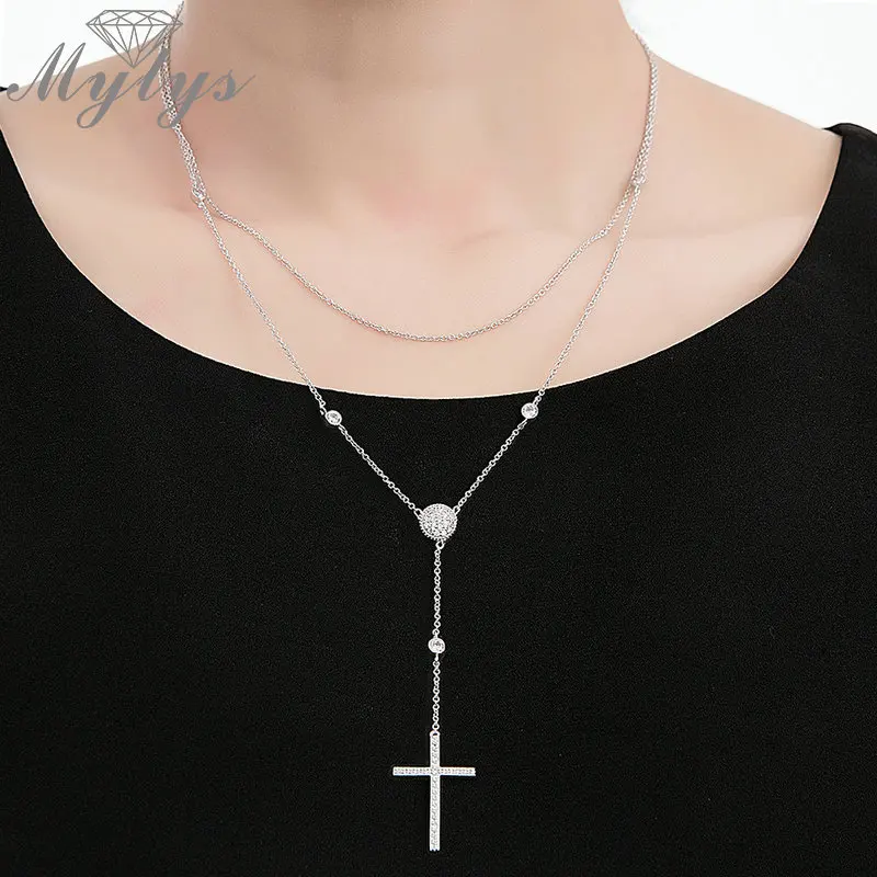 Mytys многослойное ожерелье для женщин Серебряный цвет крест кулон свитер два