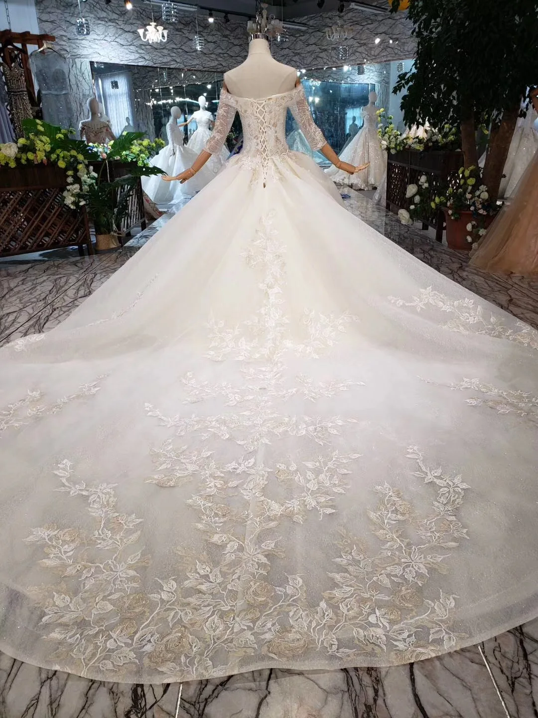 

Real Photos high-end Vestido De Noiva Gold Champagne Lace Appliques 3/4 Sleeves Puffy Ball Gown Beading Luxury Wedding Dresses