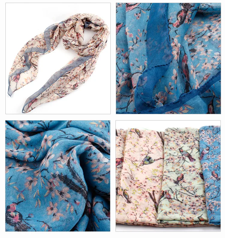 2018 модный цветной шарф с принтом ветки дерева и птиц шаль шарфы из полиэстера для