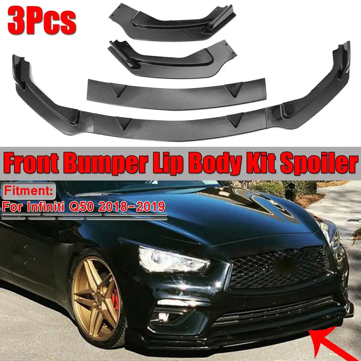 Carbon Fiber Look/Black Car Front Bumper Lip Body Kit Spoiler Bumper Splitter Diffuser For Infiniti Q50 Base Model