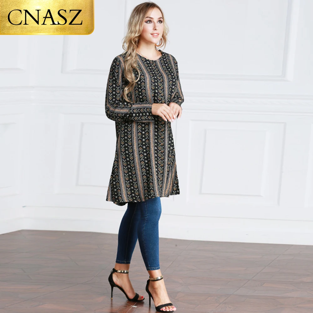 Повседневные мусульманские женские топы шифоновое платье-рубашка с принтом