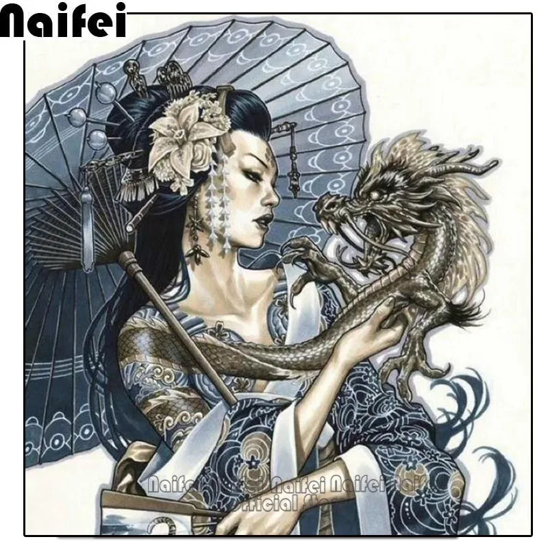 Алмазная картина Японская женщина и дракон 5d квадратная/круглая мозаика Набор