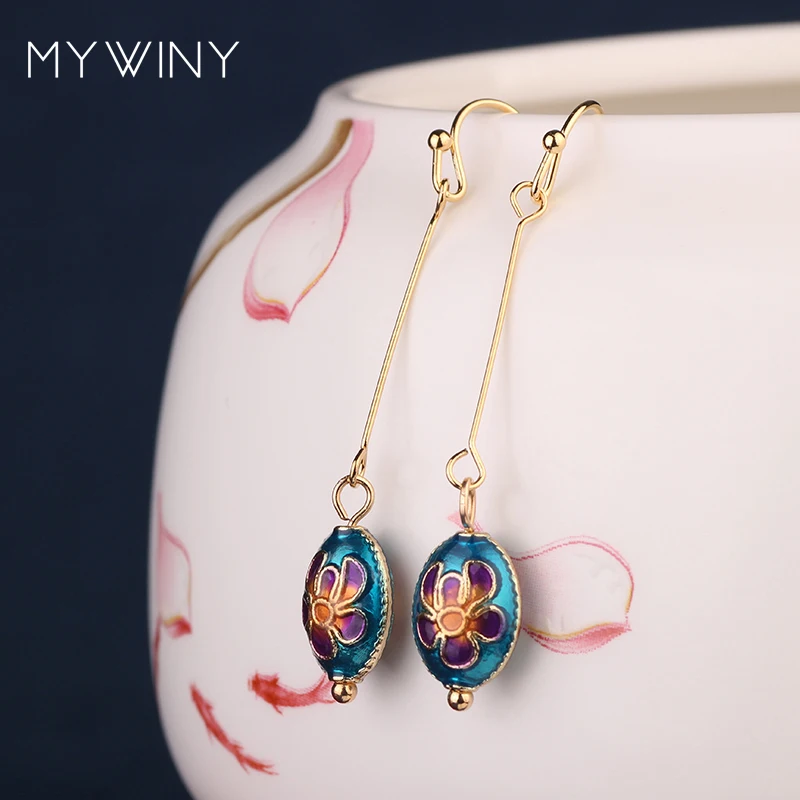 MYWINY новые модные ювелирные изделия перегородчатая серьги фасоль для женщин, китайский ветер эмаль длинный крючок серьги