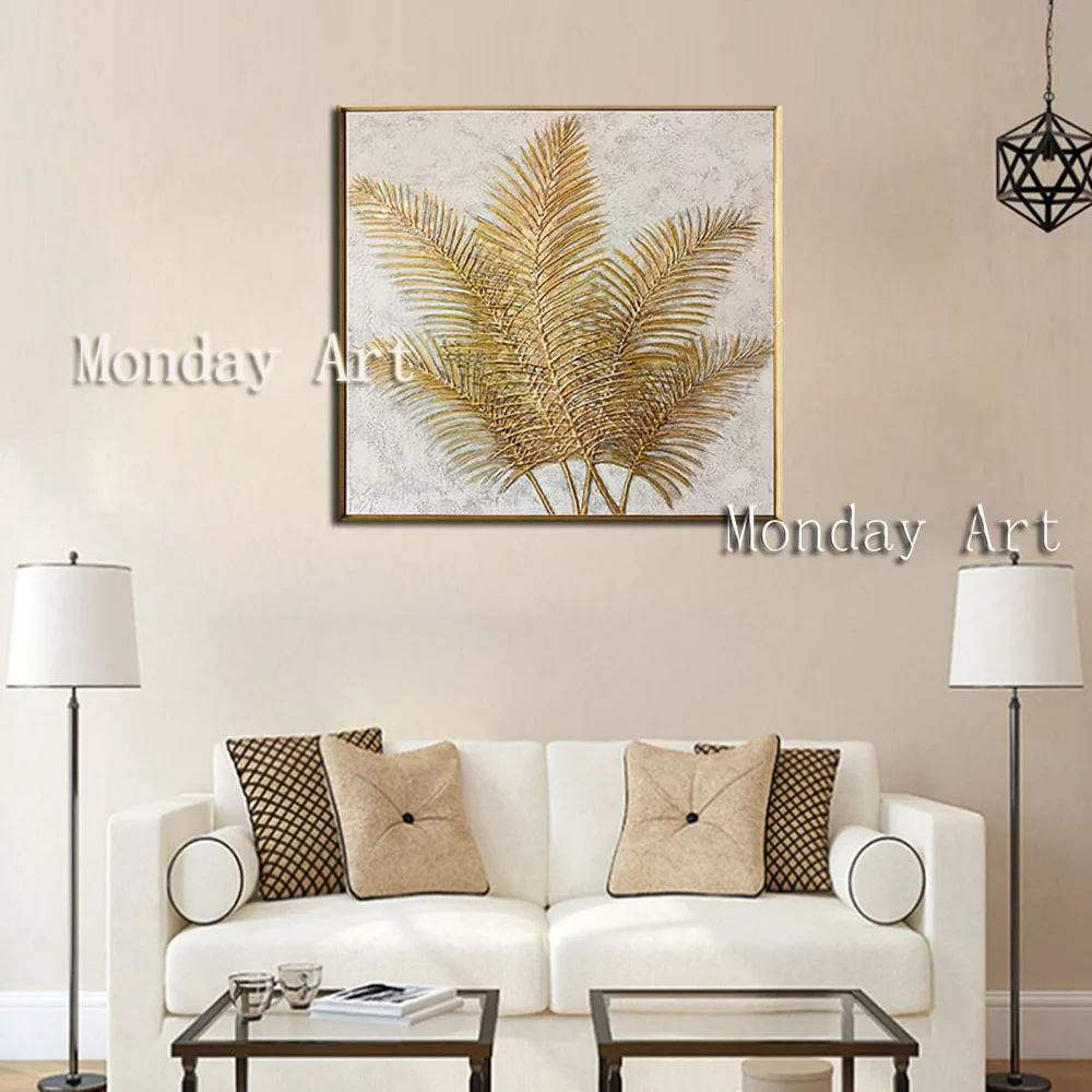 

Best Handpainted Golden leaves canvas oil painting wall art canvas picture wall decor handmade artwork painting for living room