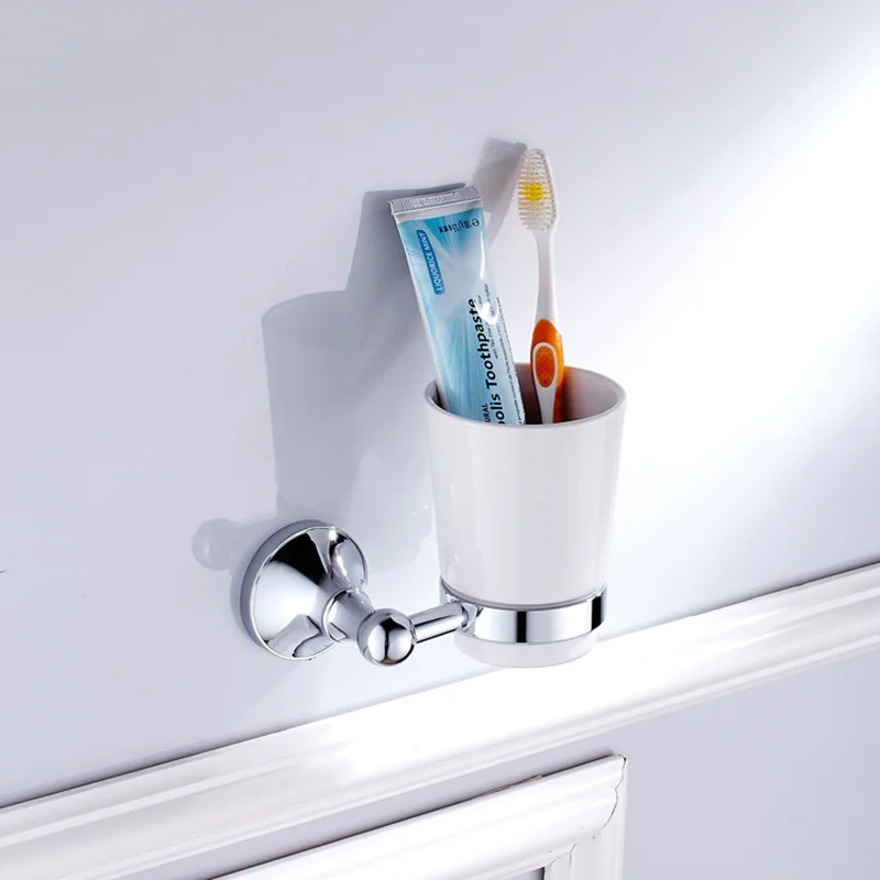 Cup Holder Хромированные аксессуары для ванной комнаты, латунный держатель для туалетной щетки, рулон бумаги, Полка для полотенец, мыльница для душа, настенные крючки, держатели для фен - Цвет: Cup Holder