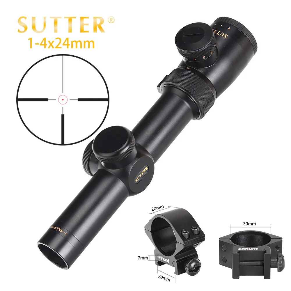 with Picatinny Rings SUTTER 1-4X24 Оптический Компактный прицелы для охоты R12 R29 стеклянная сетка красный осветительный прицел Turrets сброс тактический прицел - Цвет: with Picatinny Rings