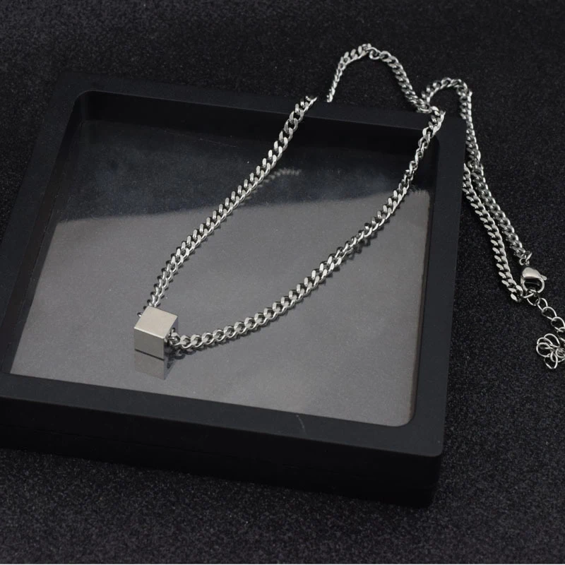 Women Men Stainless Steel Necklace Long Chain Square Box Pendant Sweater Punk Necklaces Unisex Choker Boys Girls Rock Hip Hop