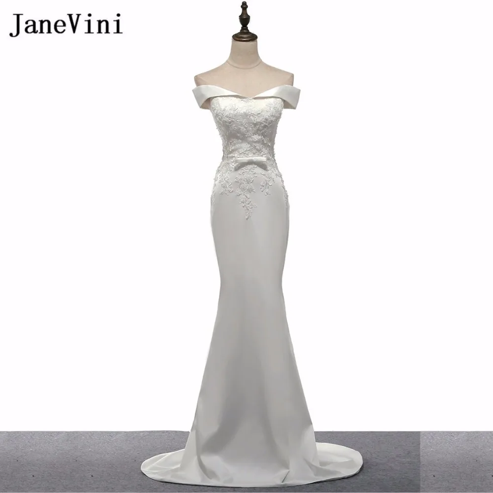 JaneVini белое длинное платье подружки невесты с коротким шлейфом из бисера