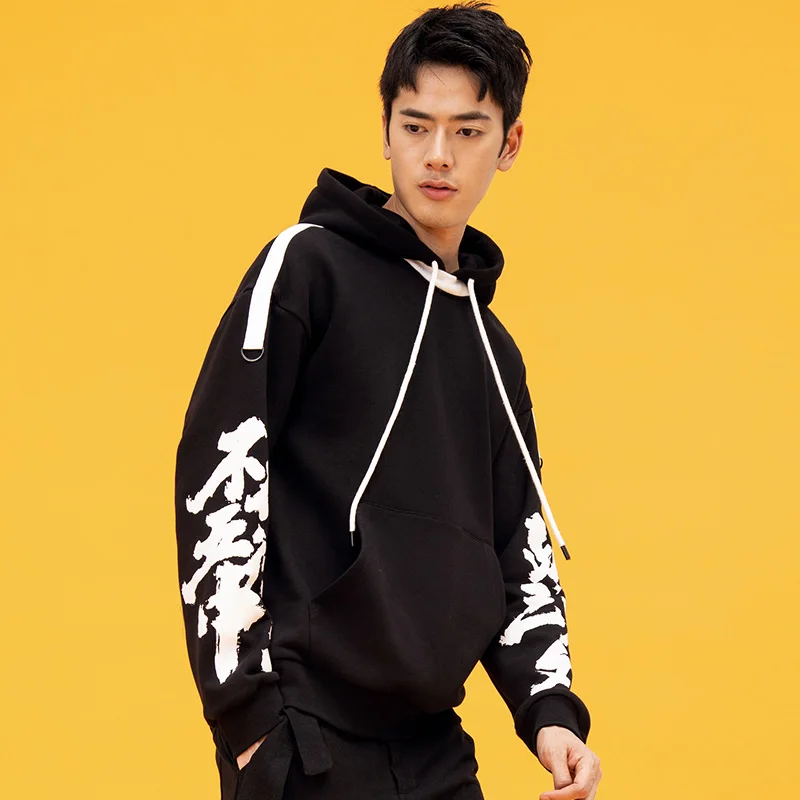 Houxu Men Hoodies Black Hooded Sports Youth Autumn Oriental Style Loose Printed Long-Sleeved Couple Male | Мужская одежда