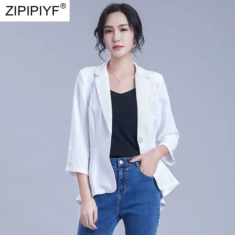 Женский приталенный однотонный пиджак с отложным воротником и рукавом три