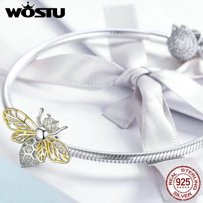 WOSTU подвеска в виде пчелы, золото, 925 пробы, серебро, прозрачный CZ бисер, браслет, подвеска, амулеты для изготовления ювелирных изделий FNC067